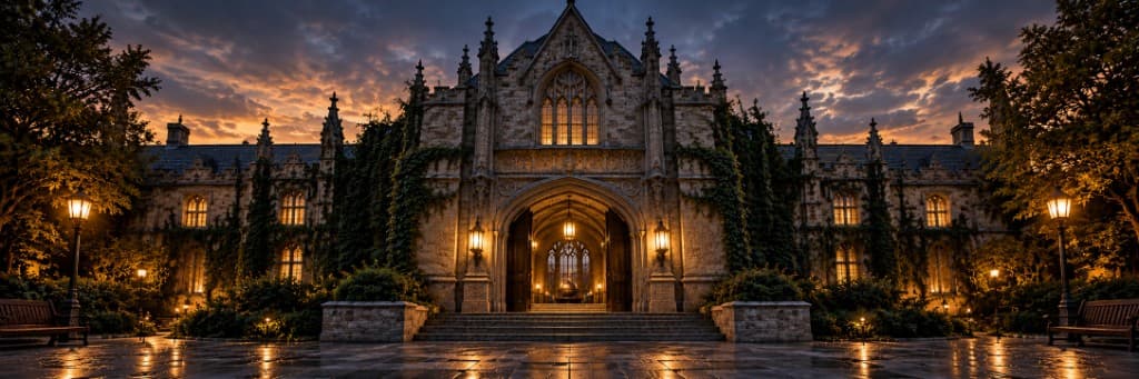 Greywick, a stone Gothic hall illuminated at dusk.